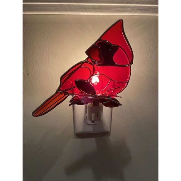 Cardinal On Branch Stained Glass Plug-In Nightlight New 4.5” - Picture 2 of 8